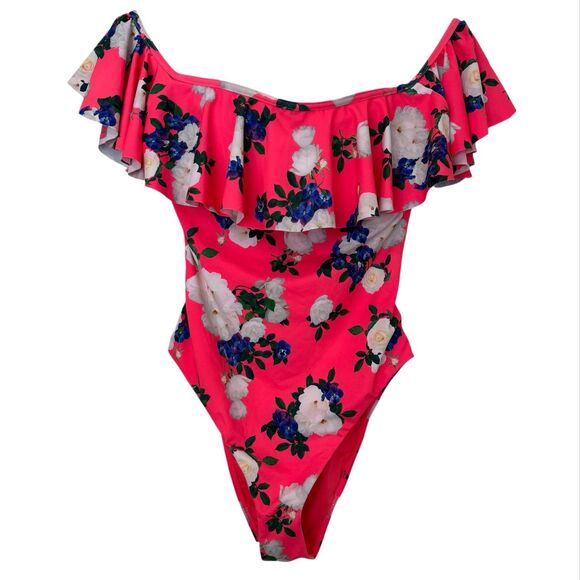 Bershka Swimsuit Medium Neon Pink Floral Off The Shoulder Beach Resortwear - Picture 1 of 6